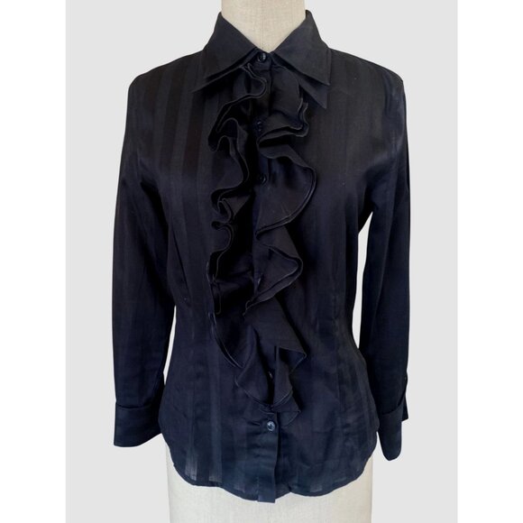 Anne Fontaine Black Cotton Blend Ruffle Front Blouse Sz 38 - Picture 2 of 8